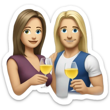 A white woman, she has brown eyes and blond medium long hair. A white man, he has blue eyes and grey hair. They toast to each other with a glass of white wine. sticker
