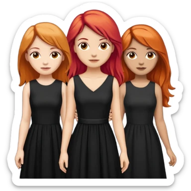 Can you create an image of 3 friends together one with red bright hair light skin one the other with brown hair with some blonde highlights in the hair fair skin the last one with light brown a tint of orange hair and black long hair with brown with dresses dark hair on one sticker