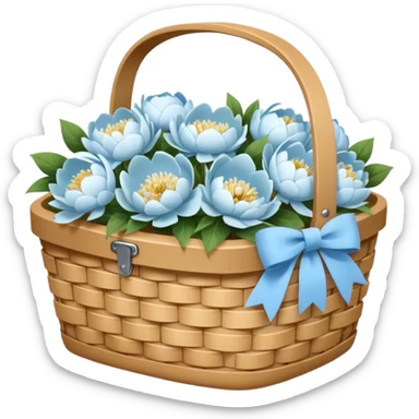 White Picnic basket with light blue bow and white peonies inside sticker