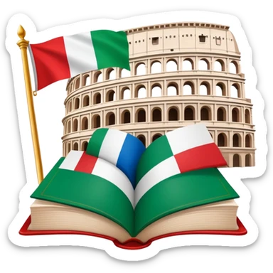 An icon featuring the Colosseum and the flag of Italy, symbolizing the Italian language. The design includes an open book with Italian phrases and a gondola, representing language learning and cultural exploration. Transparent background sticker