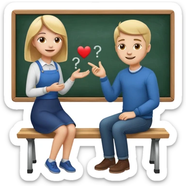 Girl is teaching a guy how to make emojis. Girl at blackboard, guy on bench learning. sticker