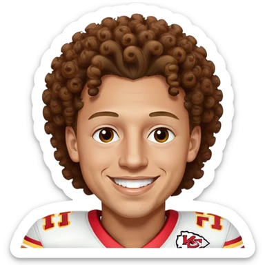 Patrick Mahomes, Kansas City Chiefs quarterback with curly hair, smiling sticker