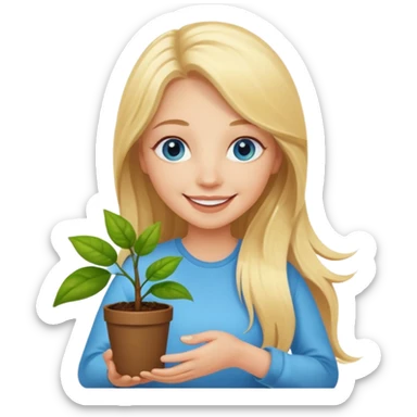 Happy Woman with long blonde hair and blue eyes holding happy plant sticker