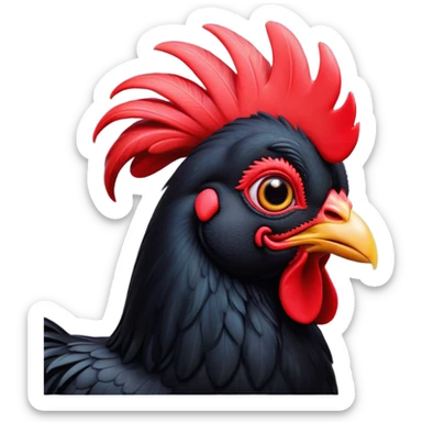 Cinematic Cute Black Rooster Portrait Emoji, Head tilted playfully and inquisitively, featuring a glossy, immaculate black plumage with a vibrant red comb, round, sparkling eyes filled with curiosity, Simplified yet irresistibly adorable features, highly detailed, glowing with a warm, friendly glow, high shine, affectionate and spirited, stylized with a touch of farmyard whimsy, bright and endearing, soft glowing outline, capturing the essence of a mischievous yet loving rooster, so playful it feels like it could strut out of the screen and into your arms! sticker