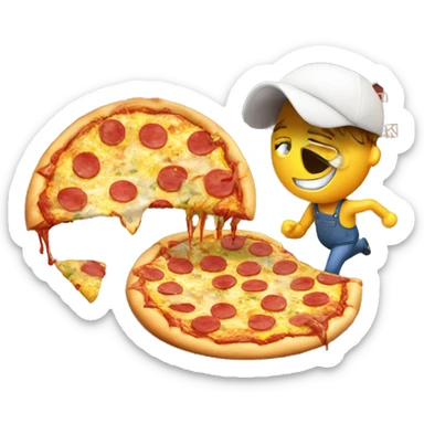 A egg crying running while eating a slobby piece of pizza while next to a farm sticker