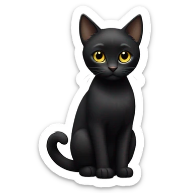 Petite, solid black cat with sleek short fur, light yellow eyes, and small black tufts of pointed hairs at the very tips of he ears only, blending in with her black fur. Full body, no white markings sticker