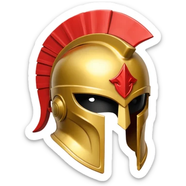 a golden Spartan helmet with a red crest sticker