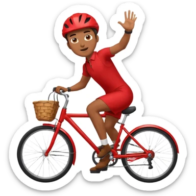 courier man in a red dress on a bike, energetic pose sticker