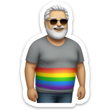 Fat British Man with grey hair and grey beard and with shades and earring with rainbow tshirt  sticker