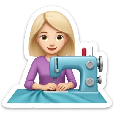 cheerful woman sewing fabric on a sewing machine sticker