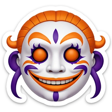 Perfectly round Juggalo smiley face with elaborate but symmetrical lined face paint that is orange bordered by dark purple sticker