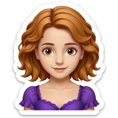 big biceps, muscled torso, very beautiful italian happy girl, looking like Emma Watson, with wavy bright hazelnut hair, dressed in a beautiful violet costume sticker