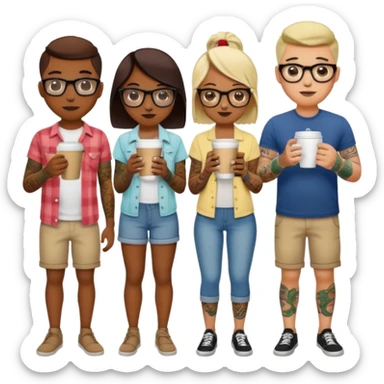 gözlük takan, dövmeli ve elinde kahve tutan, yaz kıyafetli insanlar farklı farklı,  sticker