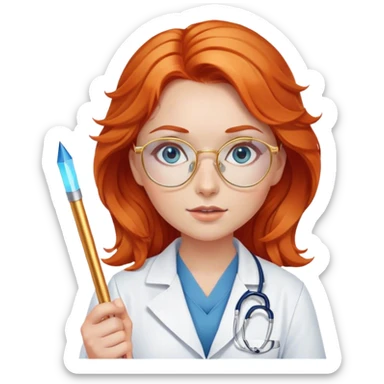Girl doctor wavy orange red hair blue eyes in gold glasses . And  pointer sticker