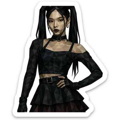 K-pop inspired gothic girl, polygonal style, geometric shapes, dark color palette, stylish stage outfit sticker