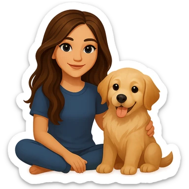 Create an emoji style image of a 20-year-old dirty blonde woman with brown highlights in her long hair and dark blue eyes, sitting beside an English cream golden retriever. The background is a warm sunset, and the mood is relaxed and happy. sticker