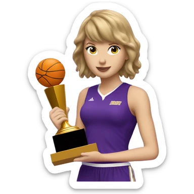 Taylor Swift wearing purple basketball uniform holding trophy sticker