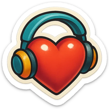 retro sticker style heart with headphones, bold and playful sticker