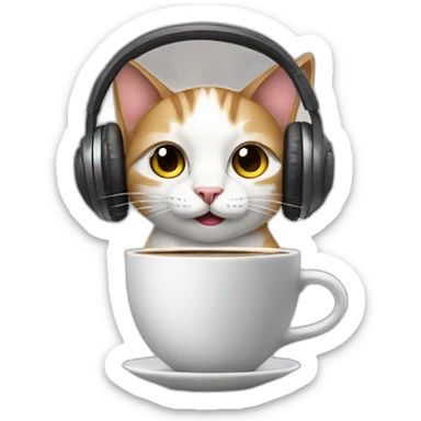cat with a cup of coffee and wearing headphones typing on the keyboard sticker