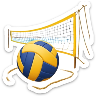 A volleyball resting on the yellow sand on a beach, with the net in the background and a scenic view of the ocean and sky. The scene captures the relaxed yet competitive vibe of beach volleyball, with warm sunlight and the natural beauty of the beach. sticker