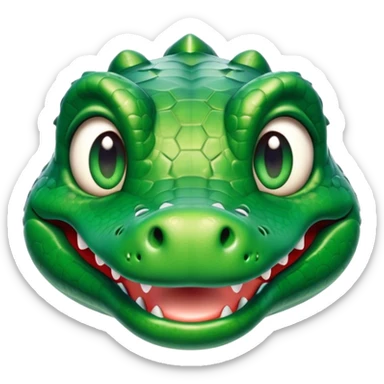 Cinematic Cute Crocodile Portrait Emoji, Head tilted playfully and inquisitively, featuring a smooth, glossy emerald-green hide with subtle textured scales and round, sparkling eyes filled with curious mischief, Simplified yet irresistibly adorable features, highly detailed, glowing with a warm, friendly glow, high shine, affectionate and surprisingly charming, stylized with a touch of wild whimsy, bright and endearing, soft glowing outline, capturing the essence of a mischievous yet lovable crocodile, so playful it feels like it could snap out of the screen into your arms! sticker
