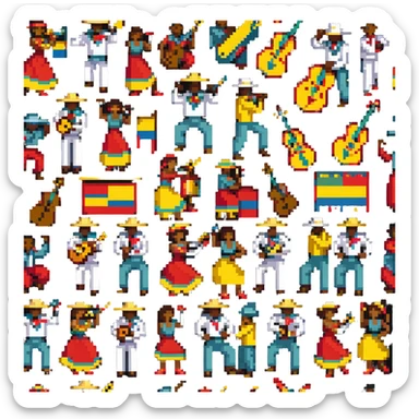 Colombian salsa musicians with instruments and dancers in vibrant colors sticker