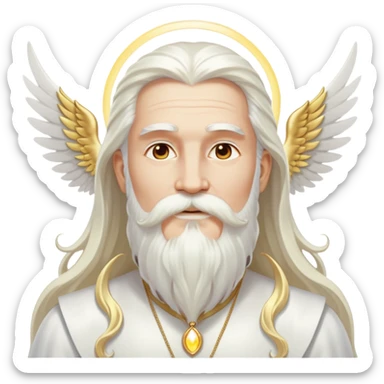 God-like figure with majestic white wings, long flowing white hair, beard and mustache, wearing gold dangle earrings, glowing aura sticker