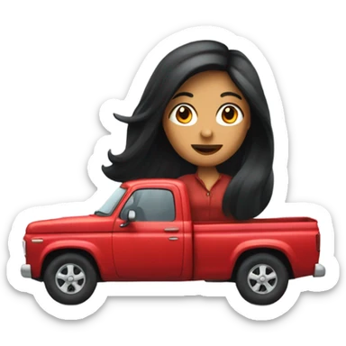 A lady with long black hair, driving and older red pick up truck  sticker