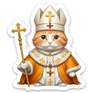 orange tabby cat dressed as a pope, with papal hat and robes sticker