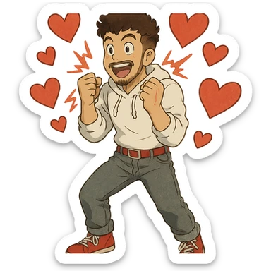 a burst of heart shapes that fits the theme: 1 male, mid fade haircut dark chestnut brown curly hair, toasted lightskin, white hoodie sleeves up, gray fashion jeans, red fashion-sneakers shoes, red belt, short trimmed beard and goatee,  style of deku from "my hero academia",  doing a "i adore that!" exclaimation pose with red electricity, sticker