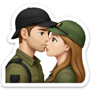 Мужчина в тактической кепке черного цвета с русыми короткими волосами, щетиной целует девушку с длинными волосами, зелеными глазами, в черной шапке sticker