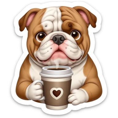 cute English bulldog holding a cup of coffee sticker