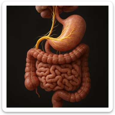 vagus nerve highlighted in the digestive system, hyper realistic 4K style, anatomical details, natural colors sticker
