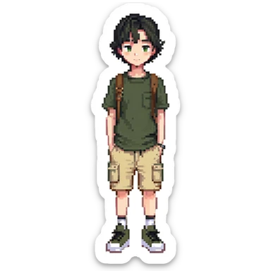 boy wearing an olive-green shirt over a brown T-shirt with beige cargo shorts sticker
