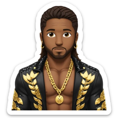 Omarion with long dark brown hair, black sequin jacket, shirtless with necklace sticker