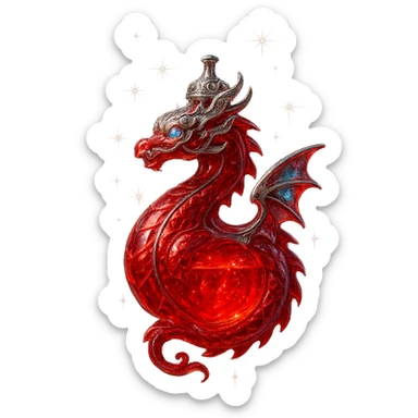 luxurious crystal elixir bottle in dragon shape, entirely vibrant red color, ornate silver and iridescent details, very small neck, seamless bottom, bottle clearly floating in air, no base or shadow, modern, collection style, extra magical glowing and sparkling effects sticker