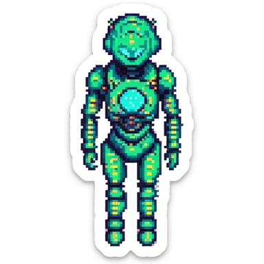 AI agent, futuristic humanoid with circuit patterns, pixel art style sticker