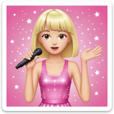 Pretty and thin tall Blonde pop star with bangs singing onstage, wearing a sparkly pink outfit   sticker