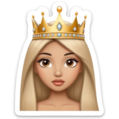 Glamourous princess, light brown skin tone, very beautiful girl, with big plump peach-beige lips, long long lashes, black straight smooth silky long hair, straight parting hair, brown eyes, gold tiara sticker