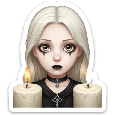 Pale woman with kohl-lined eyes staring through candle smoke, predatory calm, gothic fantasy mood sticker