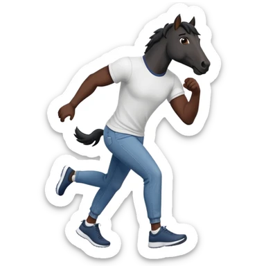 friendly anthropomorphised black stallion in jeans and a t-shirt, jogging upright in relaxed pose sticker
