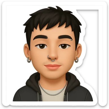 Modern AI emoji of a young man with short slightly messy black hair, fair skin, pink lips, nose and eyebrow piercings, silver earrings, thin chain necklace, casual trendy clothing like hoodie or jacket over t-shirt, neutral or confident expression, relaxed eyes, soft cartoonish but realistic finish, focus on face and accessories sticker