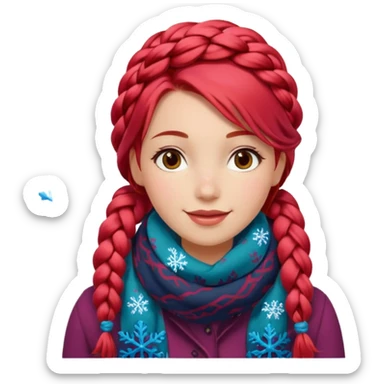 A red braid hair cheerful woman with patterned scarf, snowflakes land on her hair. sticker