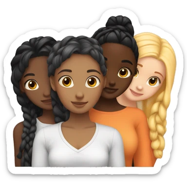 Four girls hugging one blonde one orange hair one black hair with braids and dark skin and lastly one with black hair sticker