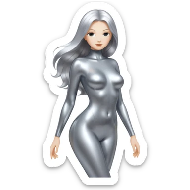 abstract sensual body silhouette, liquid silver chrome, smooth curves and posing, long metallic chorme hair sticker