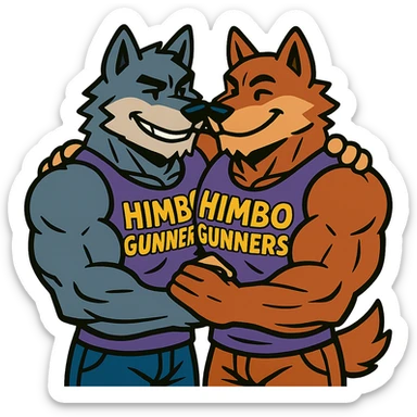 keep only the two extremely muscular wolf furries in 'Himbo gunners' t-shirts hugging sticker