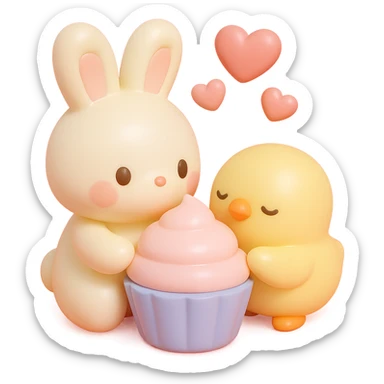 bunny and chick sharing cupcake with hearts floating, vinyl figure style sticker