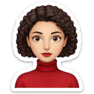 30 yr iranian woman dark brown hair curly wavy short hair, red turtle neck sweater, very thick eyebrows, light skin sticker