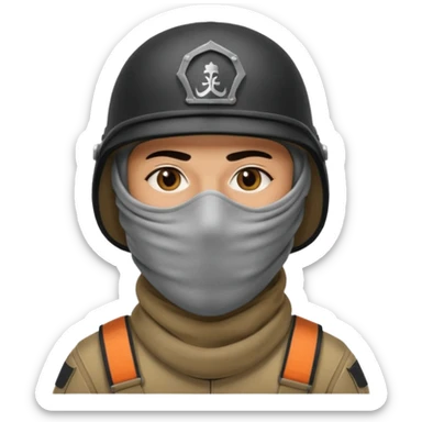 
an Iraqi soldier with a serious face, wearing a helmet and a balaclava covering his mouth sticker