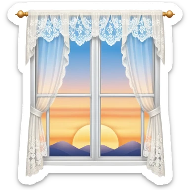 White window open at sunrise with lace curtains sticker